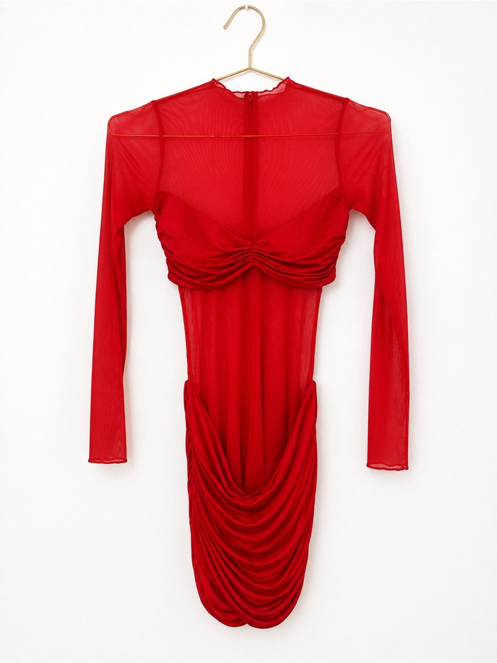 Oh Polly Red Mesh Long Sleeve Ruched Mini Dress